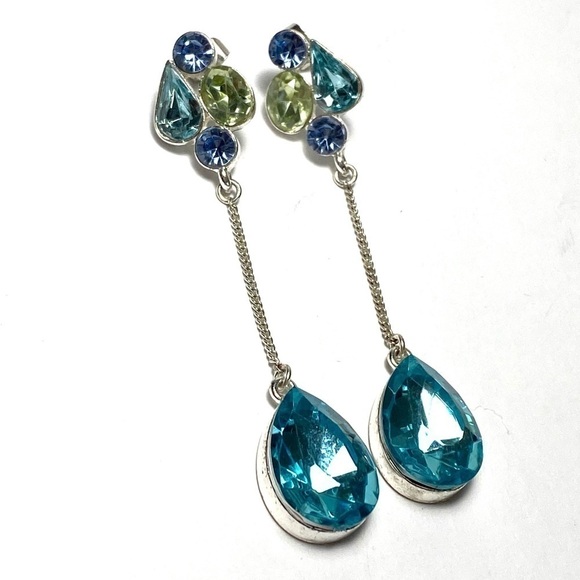 Earrings Dangles Drops Blue Rhinestones Silver Tone Long - Picture 2 of 11